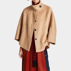 Zara Wool Camel Color Short Oversized Cape Coat High Funnel Collar
